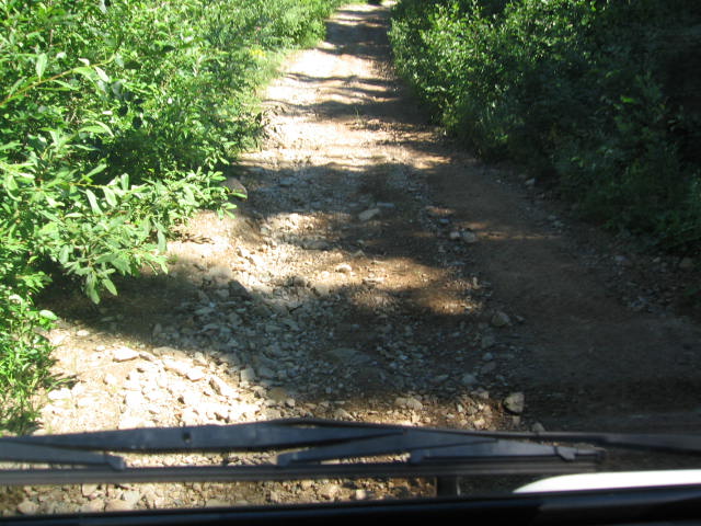 Road getting rocky, tree starting to close in.  Hmmm, do I choose ruts or trees.