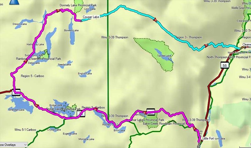 Cyan route from Clearwater, Magenta route from Little Fort