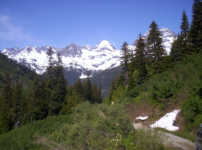 Looking back from on top of the snow slide.