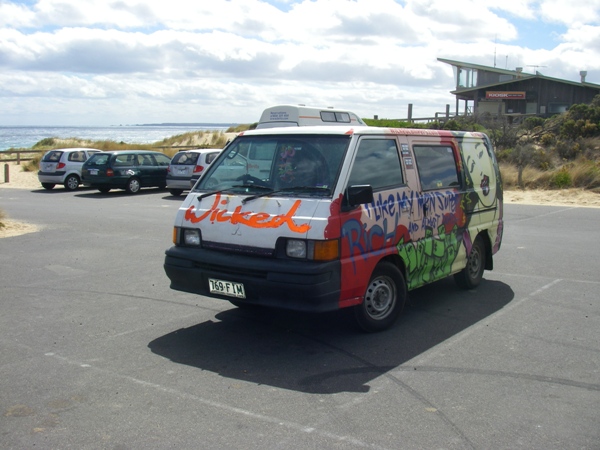 One of the little silver boxes in background is our rental. These Wicked Camper are really rough, but reportedly run like a top. Next time..