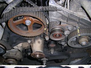 Tensioner belt failure, caused timing belt to jump and break. It's a good idea to replace BOTH belts at the same time (yes, really)