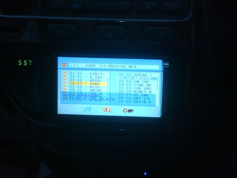 The MP3 Player screen for MP3's on a CD or DVD. (You can hide this for driving at night and keep the music going)